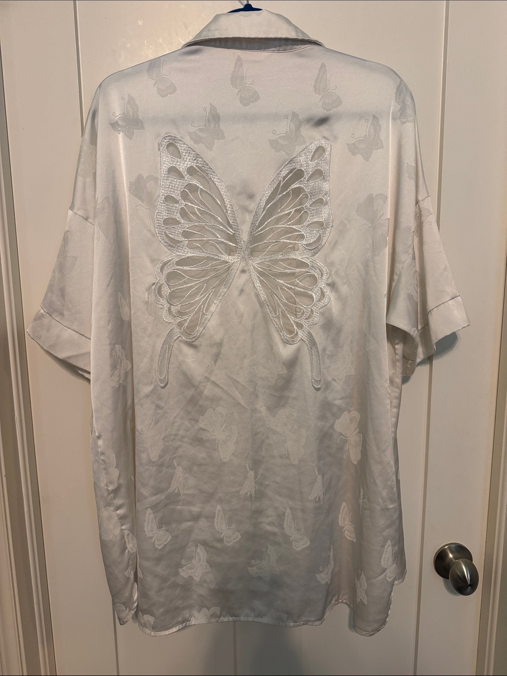 White Butterfly Embroidered Satin Button-Down Y2K Style Bohemian Shirt Tunic